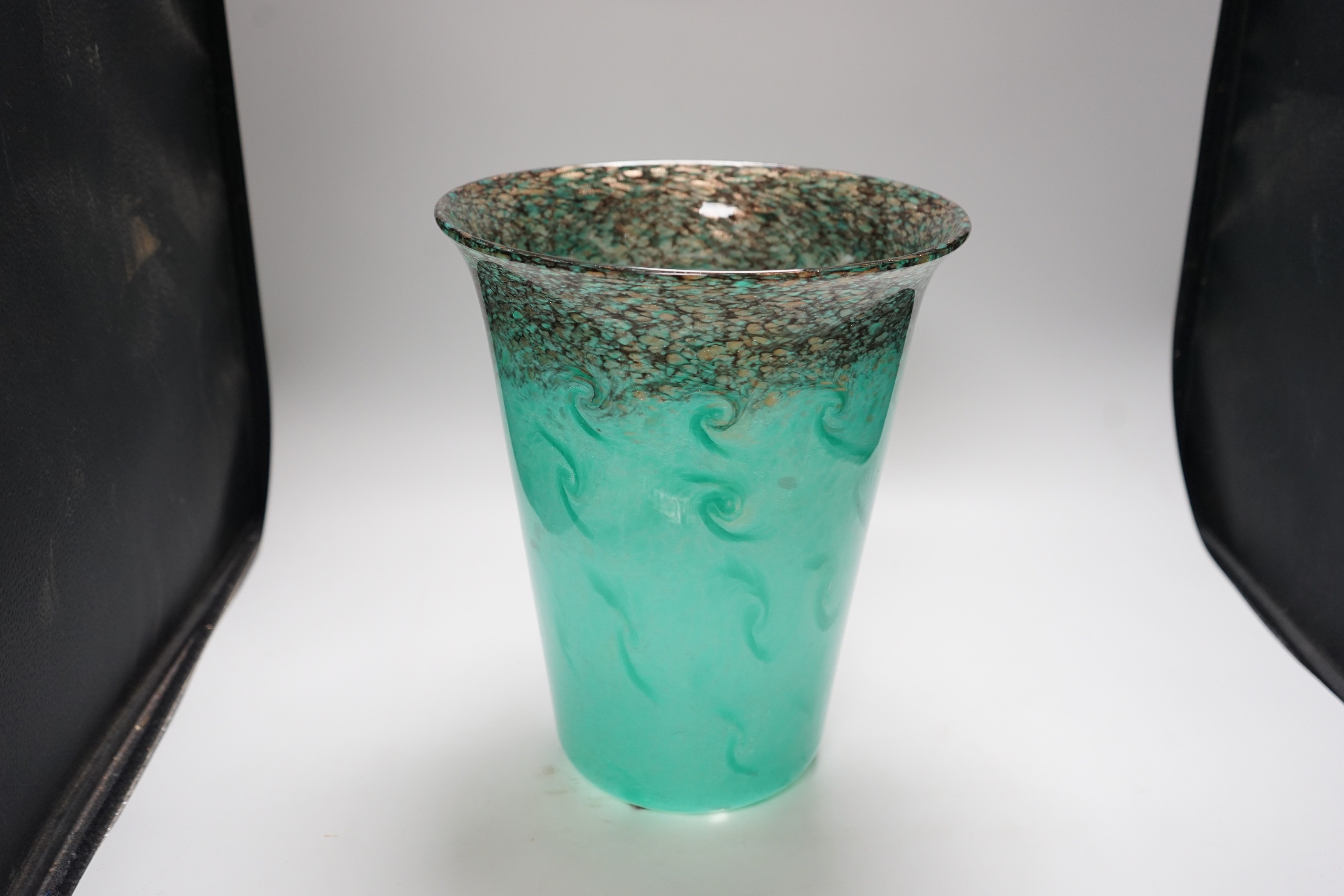 A large 1930s Monart art glass vase of cylinder form, with a slightly flared neck, shape GD, decorated with tonal blue swirls with a mottled black rim swirling into the blue, flat polished pontil, 33cm high